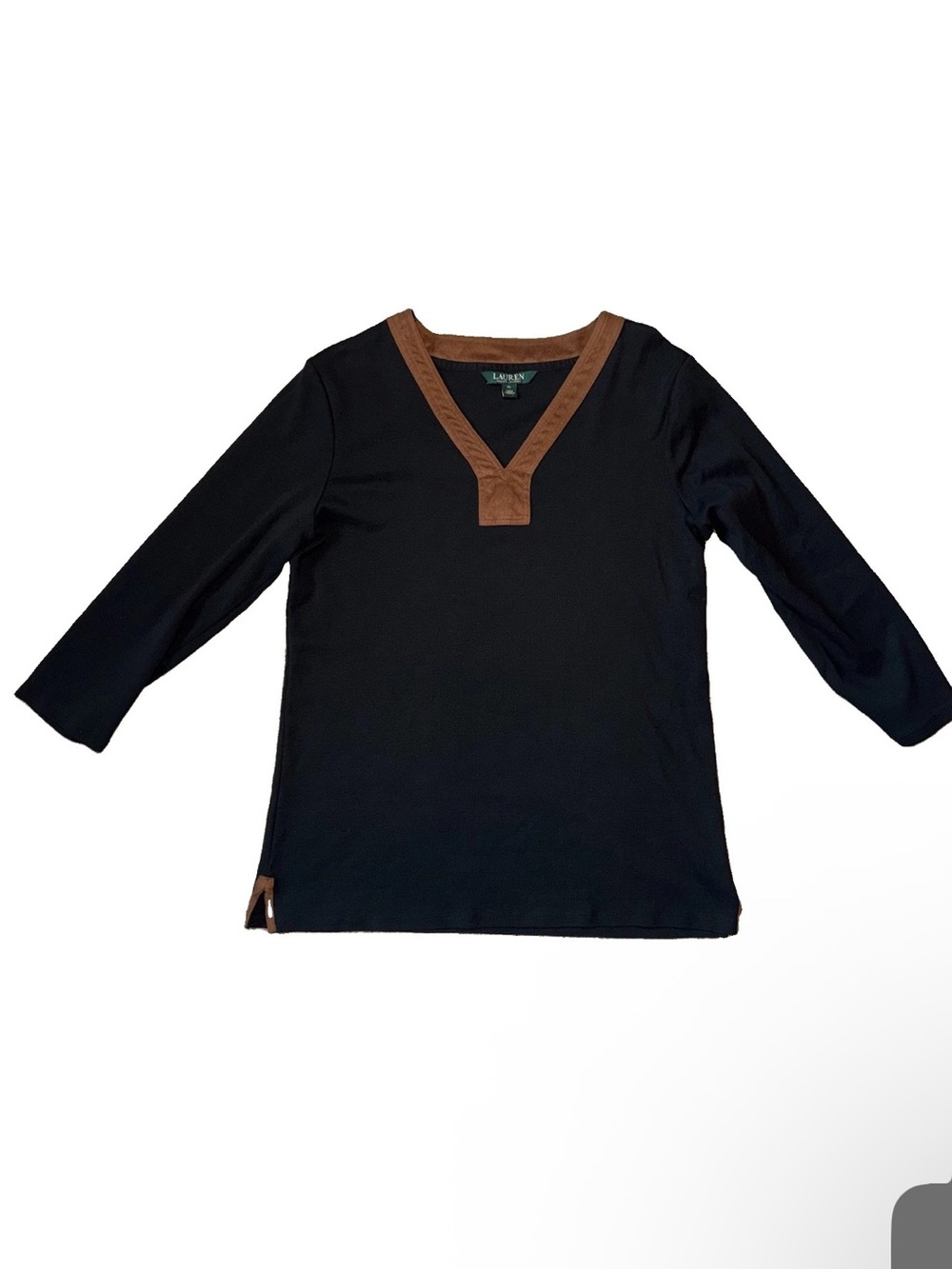 Ralph Lauren Black Long-Sleeve Tee with Brown V-Neck Trim